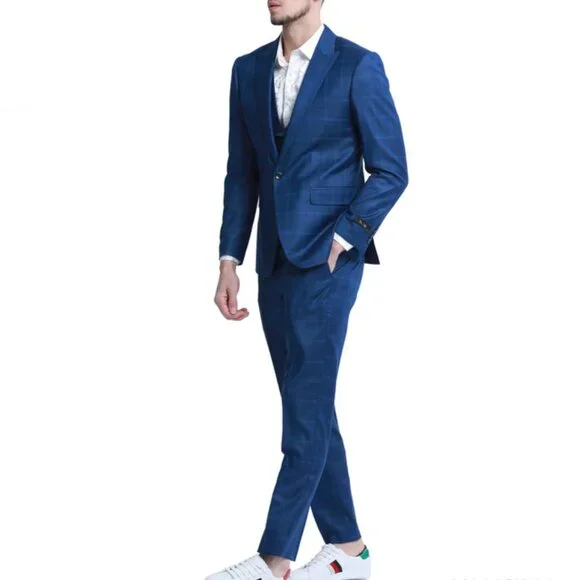 Blue Plaid Peak Lapel Double Breasted Vest Skinny Fit Men's Suit - Picture 1 of 1